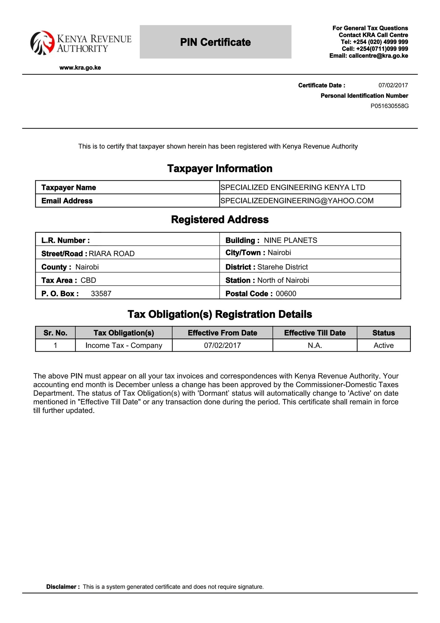 KRA Certificate